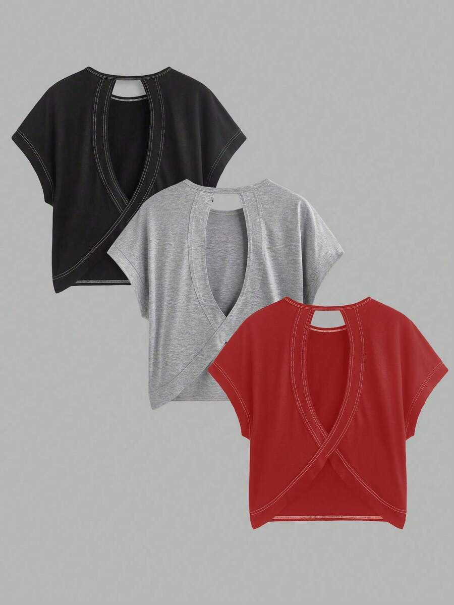 SHEIN Essnce 3pcs/Set Women Casual Round Neck Hollow Back Loose Short Sleeve T-Shirt Set In Black, Gray, Red, Suitable For Summer - Multicolor - View 1