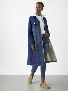 Maija Women's Blue Extended Denim Jacket, Lambswool Long Coat, Classic Winter Warm Wear