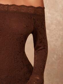 Lumalex Fall Winter One-Piece Collar Fitted Flare Sleeve 3D Rose Flower Women Top Eleganza Glamour Elegant New Style Women Luxury Prom Gathering Party Banquet Modest Old Money Coquette Glitter Holiday Party Rave Festival Outing Vacation Hot Outdoor Richly Layered Wedding Season Banquet ID Al-Adha Al-Adha Party New Year Brown Lace Top Off The Shoulder Long Sleeve Chocolate Brown Top Coffee Brown Top Brown Tops For Women - Coffee Brown - View 4