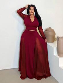 Maweii 大码女式深V领长袖上衣和半裙优雅性感透视两件套 - 酒紅色 - 查看 3