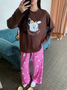 DAZY Cartoon Muster Locker Sitzende T-Shirt Top & Pyjama Hose 2 Stücke Schlafanzug Set für Frauen