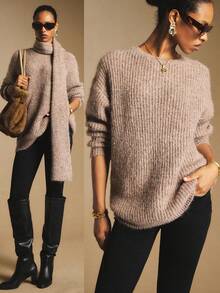 Poéselle Women's Taupe Elegant Chunky Knit Sweater With Removable Scarf,Autumn Cozy 2-In-1 Oversized Turtleneck Pullover,Old Money Style Brunch Soft Jumper - Brown - View 2