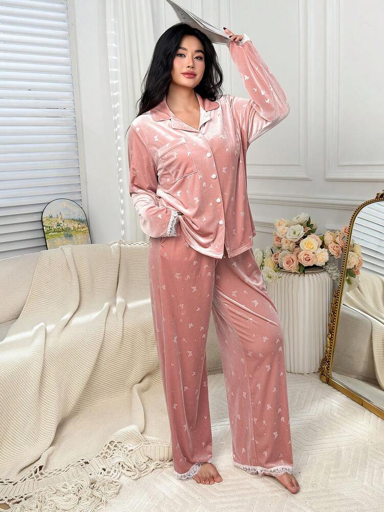 Dazy Plus Thickened Fashionable Cute Velvet Bow Homewear, Can Be Worn Outdoors, Plus Size Women Pajama Clothes Set, Autumn/Winter, Cozy