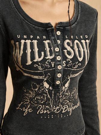 Easelle Vintage Casual Women's Street Style Button-Up Collar Black Knit Printed Blouse Vintage Washed Buffalo Head Print