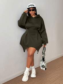 Maweii sweat-shirt à capuche minimaliste casual de couleur unie, manches longues, grande taille - Militaire verte - Voir 3