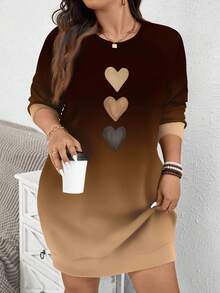 EMERY ROSE Thanksgiving Brown Ombre Heart Print Casual Minimalist Plus Size Sweatshirt, ,Spring - Multicolor - View 1