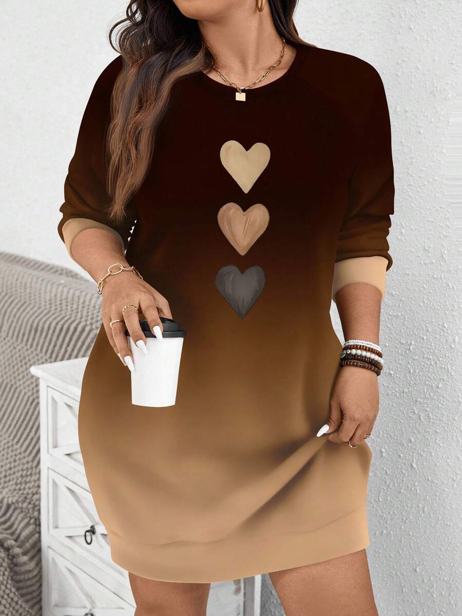 EMERY ROSE Thanksgiving Brown Ombre Heart Print Casual Minimalist Plus Size Sweatshirt, ,Spring - Multicolor - View 1