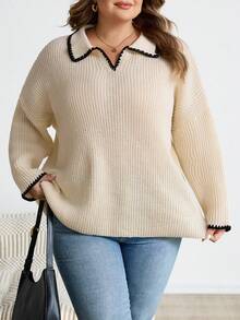 SHEIN CURVE+ 大码休闲撞色狗牙边翻领V领女式套头毛衣秋冬装女士 - 杏色 - 查看 7