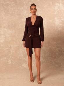 Lumalex Fall Winter Plunging Neck Waist Cinched Metal Decor Flounce Long Sleeve Shiny Fabric Bodycon Mini Dress For Women Eleganza Glamour Elegant New Style Women Luxury Prom Gathering Party Banquet Modest Old Money Coquette Glitter Holiday Party Rave Festival Outing Vacation Hot Outdoor Richly Layered Wedding Season Banquet Christmas New Year Chocolate Brown Dress Long Sleeve Elegant Dress Dark Brown Dress Coffee Brown Dress