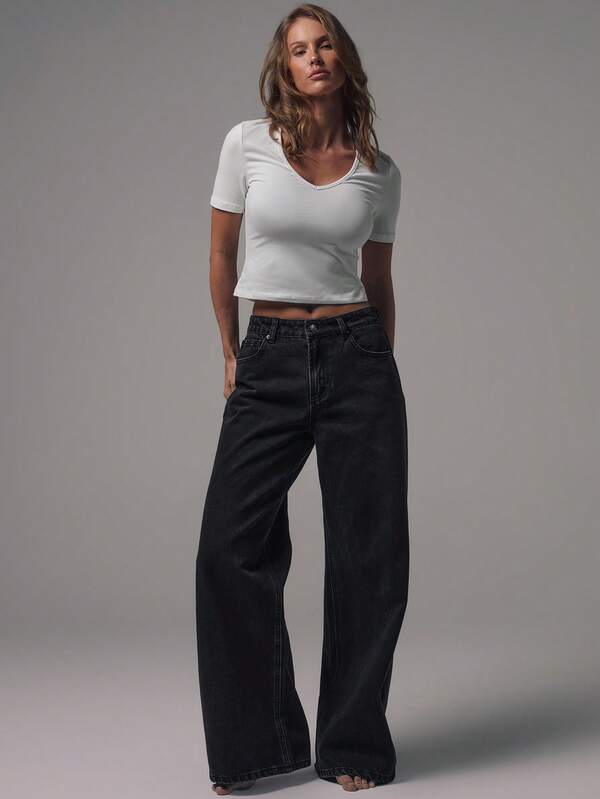 MUSERA Jeans de tiro medio con pierna ancha, lavado negro con detalles de botones plateados, de tiro medio, casuales, para otoño e invierno, salidas nocturnas, vuelta al colegio, oficina, citas, básicos de mezclilla, Acción de Gracias, elegantes