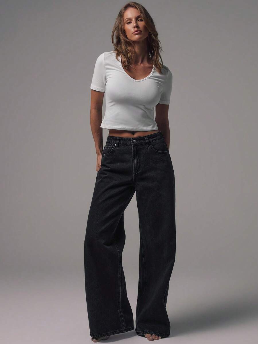 MUSERA Quần jeans denim ống rộng cạp trung màu đen, chi tiết cúc bạc, kiểu dáng casual mùa đông, đi chơi tối, đi học, đi làm, hẹn hò, phong cách core denim chic mùa xuân hè