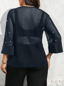Elenzga Áo thun tay ngắn thanh lịch cổ tròn lưới mỏng cỡ lớn dành cho nữ dự tiệc, ngày lễ tình nhân, thời trang thường ngày, xuân/hè - Xanh đậm - Xem 2