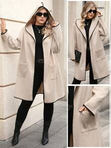 Juhart 大码女式纯色撞色条纹连帽开襟双口袋长袖中长款休闲优雅百搭外套 - 杏色 - 查看 1