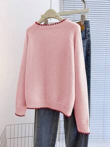 Franclia 休闲宽松圆领长袖针织撞色饰边插肩袖杏色女式套头衫，春秋 - 粉色 - 查看 2