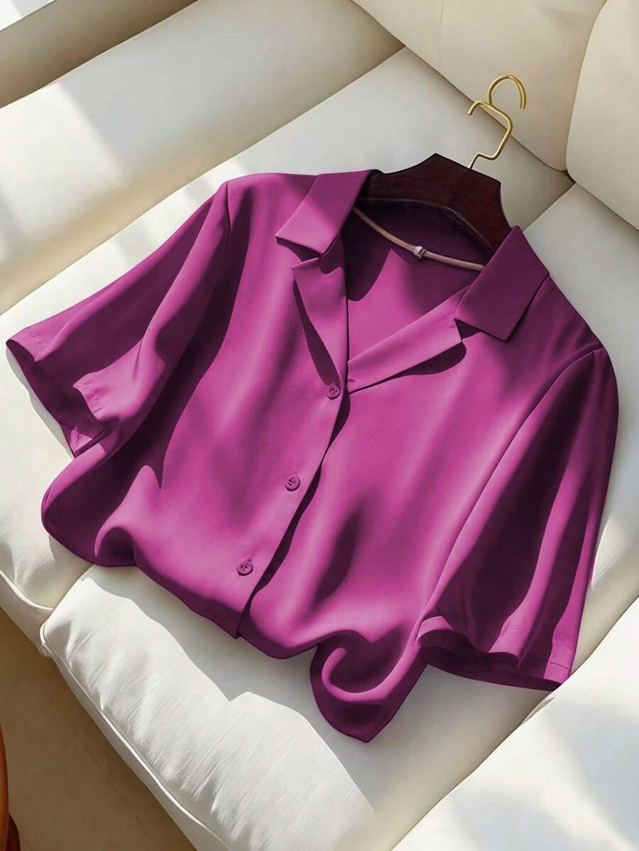 Franclia Women's Casual Solid Color Collared Short Sleeve Shirt, Summer Purple Pink - Red Violet - View 1