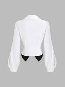 Sweetra 复古法式性感制服风夏季新款翻领二合一收腰修身辣味甜美风女式衬衫 - 黑與白 - 查看 3