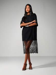 MISSGUIDED Oversized T-Shirt Style Midi Dress With Sheer Lace Scalloped Hem Detail - Black - View 5
