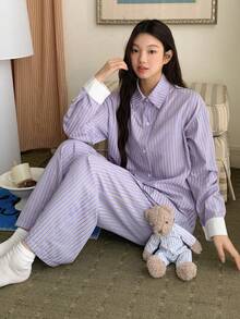 DAZY Conjunto de Pijama Feminino Listrado Solto e Minimalista, Roupas de Inverno - Roxo - Visão 1