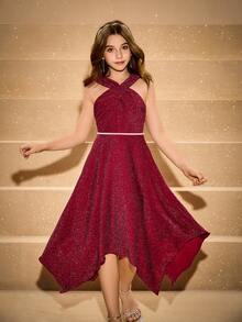 青少年女孩无袖系带优雅万圣节圣诞连衣裙（配腰带） - 酒紅色 - 查看 6