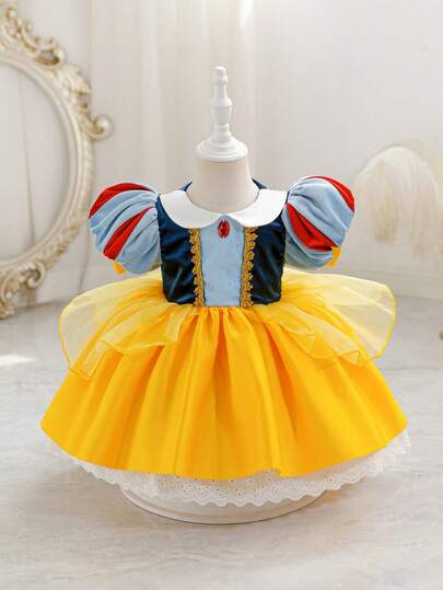 SHEIN Glamorique Kids Vestido de princesa para bebé niña, vestido de Navidad para bebé niña, vestido de fiesta, vestido de Papá Noel, vestido de Año Nuevo, vestido de cumpleaños, vestido de baile, vestido amarillo, vestido de escenario, vestido de actuación, vestido elegante