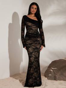 Opulessa Vestido ajustado de manga larga, hombros descubiertos, de punto de unicolor y encaje para vacaciones para mujeres