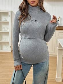 SHEIN Top de lactancia casual con cuello alto y bordado de letras, otoño/invierno - Gris - Ver 6