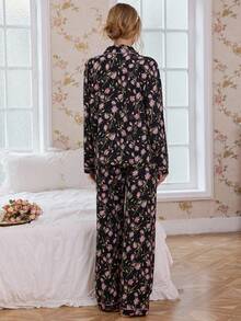 CottageSlumber Conjunto de pijama con top de cuello con solapa y pantalones con estampado floral de burbujas y arrugas, ropa de otoño e invierno - Multicolor - Ver 7