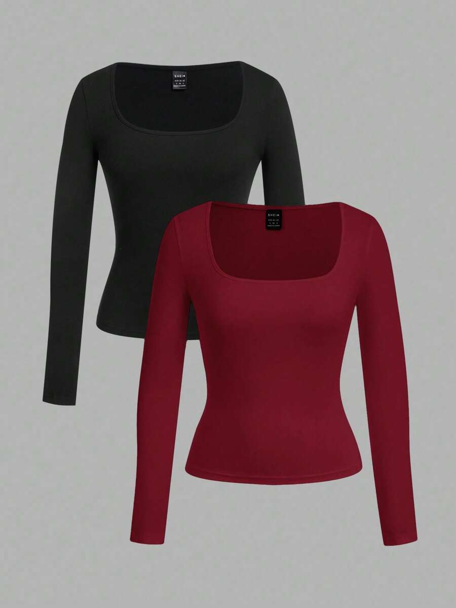 SHEIN EZwear 黑色與酒紅色女款 2 件組方領修身長袖休閒 T 恤套裝,秋冬款 - 彩色 - 查看 1