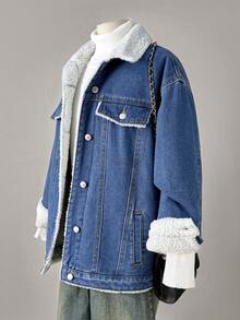 SHEIN 少女基础款纯色水洗牛仔保暖内衬宽松牛仔外套，秋冬保暖穿搭，休闲泰迪绒内衬冬装外套，百搭阔腿牛仔裤，Y2K风格，女教师装，返校装，商务休闲装，工装牛仔裤，秋冬宽松裤，高腰长款阔腿牛仔裤，街头风，冬裤，羊羔绒牛仔裤，保暖牛仔外套