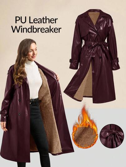 Ellevyn Angola Red PU Leather Solid Color Thermal Lined Belted Long Sleeve Long Windbreaker,Women's Winter Clothes