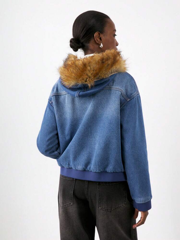 SHEIN Maija 모피 트리밍 데님 써멀 안감 코튼 코트, 가을 및 겨울 후드 재킷, 아메리칸 레트로 스타일 탑