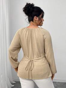 SHEIN PETITE Elenzga pärlskjorta med omlottmönster och åtsittande midja, höst/vintertyg för kvinnor - Aprikos - Visa 2