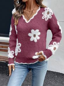 EMERY ROSE Women's Elegant Mink Fur Flower Pattern Lace Knit Sweater, Christmas - Red Violet - View 3