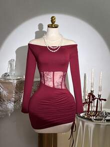 Elamini Vestido mini ajustado con cordón de cintura, parches de encaje, para oficina/fiesta, color rojo vino, Navidad