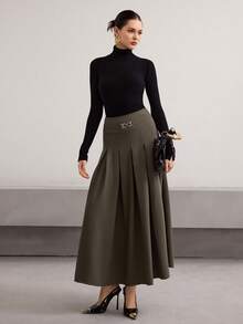 Heiryn Chân váy xếp ly trang trí kim loại màu trơn thanh lịch dành cho nữ - màu nâu - Xem 5