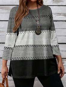 EMERY ROSE Casual Minimalist Black & Gray Striped Print Plus Size Women Round Neck T-Shirt, Spring/Autumn Grey Tops For Women - Multicolor - View 5