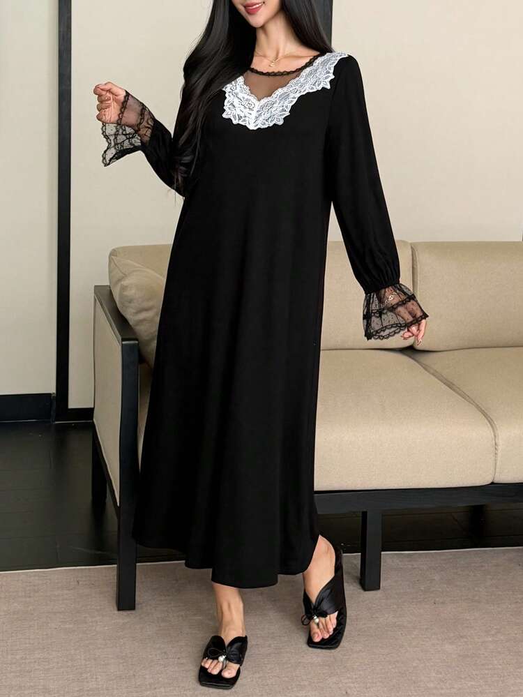 Charming Color Block Lace Patchwork Long Nightgown For Women, Fall & Winter