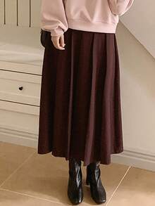 DAZY 复古褶皱半身裙，优雅休闲A字裙，女士 - 酒紅色 - 查看 3