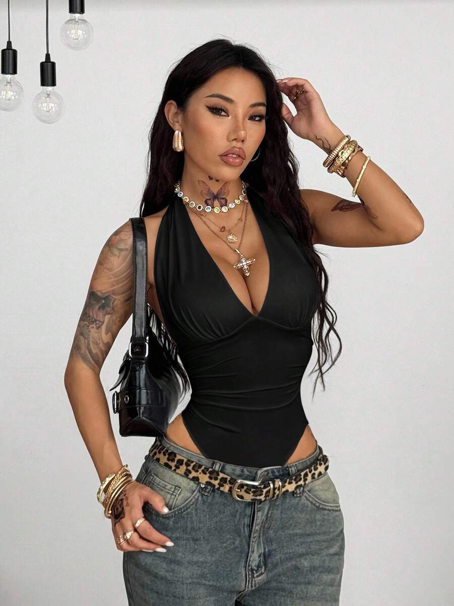 Coolane 女士夏季演唱会服装 狂欢服装 节日外出 Y2K 海滩服装 热带度假 白色 V 领连体裤 - 黑色 - 查看 1