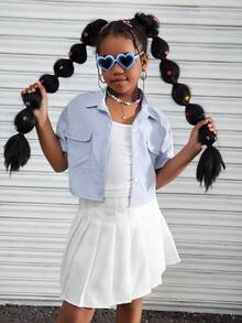 SHEIN Tween Girls Blue Striped Short Front-Pocket Collar Shirt - Multicolor - View 6