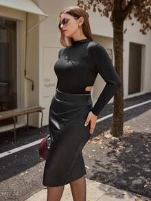 Calvaya 大码女式纯色中式立领长袖短款 T 恤和铅笔中长裙优雅两件套 - 黑色 - 查看 1