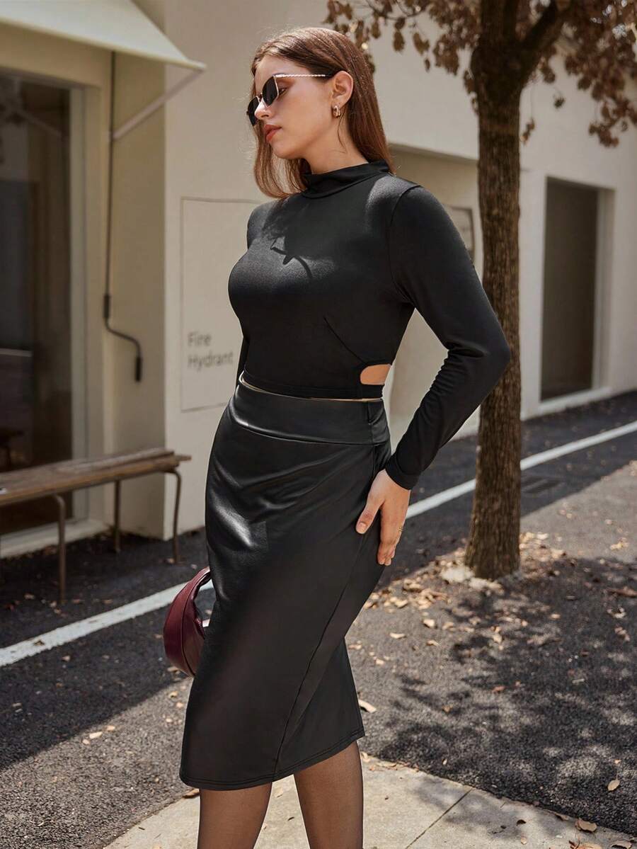 Calvaya 大码女式纯色中式立领长袖短款 T 恤和铅笔中长裙优雅两件套 - 黑色 - 查看 1