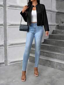 SHEIN Tall Tall Series 街头风格 PU 皮革修身夹克 - 黑色 - 查看 6