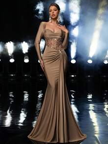 Glamrae Váy maxi đuôi cá dệt kim co giãn đính cườm và sequin sang trọng, thanh lịch, tay dài, thích hợp cho đám cưới, tiệc tùng, kỳ nghỉ, dạ tiệc và sự kiện trang trọng - Cà phê nâu - Xem 5
