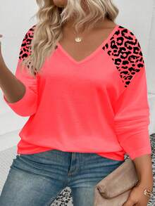 EMERY ROSE Women's Casual V-Neck Bestselling Leopard Print Pattern Plus Size Long Sleeve T-Shirt - Red - View 4