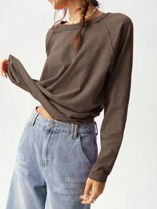 Bohemela 秋季大码休闲纯色圆领插肩袖T恤 - 咖啡棕 - 查看 5