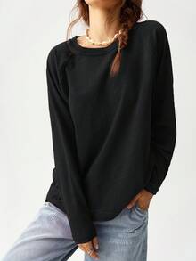 Bohemela Camiseta de manga raglán de cuello redondo de unicolor casual y diaria, talla grande, otoño - Negro - Ver 4