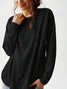 Bohemela Camiseta de manga raglán de cuello redondo de unicolor casual y diaria, talla grande, otoño - Negro - Ver 8