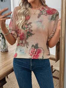 EMERY ROSE 新款复古艺术扎染印花圆领轻薄针织套头衫，女式春夏秋冬装 - 杏色 - 查看 3