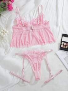 SHEIN 纯真、纯洁、甜美、活泼的立体花卉装饰下摆吊带背心 + 吊袜带 + 丁字裤 + 2 个腿环，4 件套女士性感内衣套装 - 粉色 - 查看 2